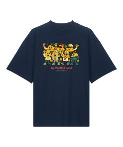 Camiseta azul marino con personajes de nachos en caricatura y texto “It’s NACHOS time!”