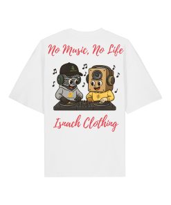 Camiseta oversized blanca con ilustración trasera de DJs caricaturizados y mensaje “No Music, No Life”; propuesta gráfica con identidad de marca.