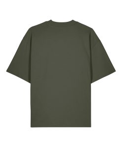 Camiseta oversized verde oliva sin diseño, vista trasera.